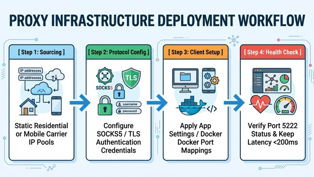 Four-step proxy infrastructure deployment workflow covering route selection, protocol setup, client configuration, and health checks