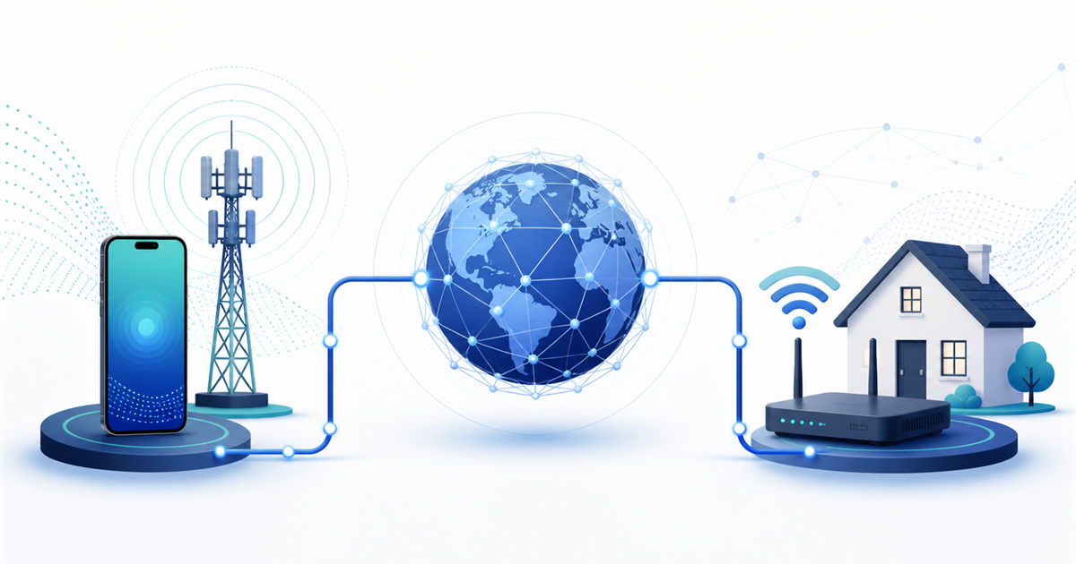 Editorial illustration comparing a mobile carrier connection and a home broadband connection