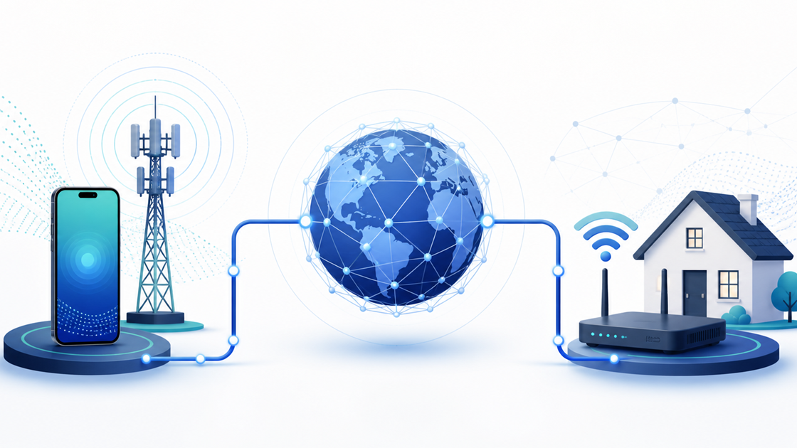 Editorial illustration comparing a mobile carrier connection and a home broadband connection