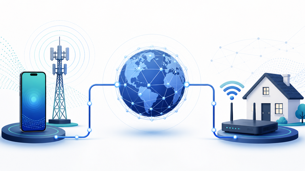 Editorial illustration comparing a mobile carrier connection and a home broadband connection