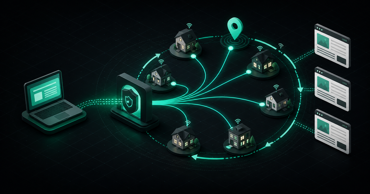 A client routes requests through a secure gateway to rotating residential network exits and public web pages