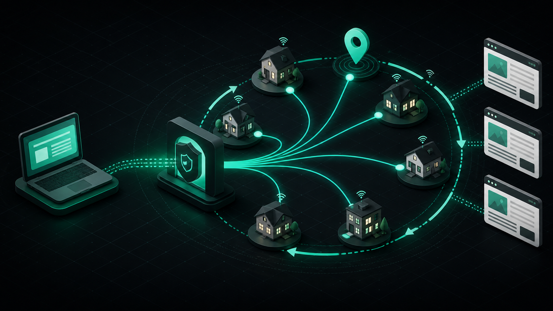 A client routes requests through a secure gateway to rotating residential network exits and public web pages
