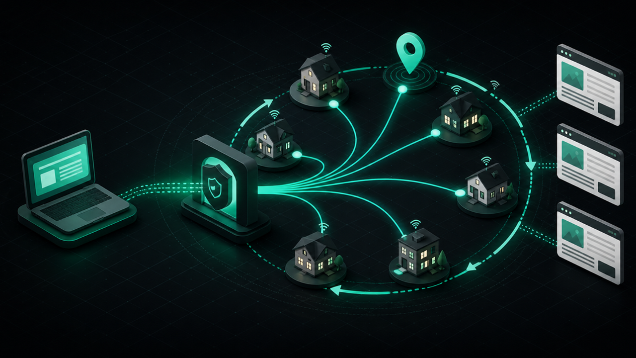 A client routes requests through a secure gateway to rotating residential network exits and public web pages