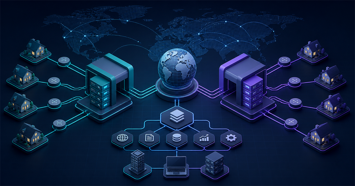 Two balanced static residential proxy networks connected to a shared global workflow