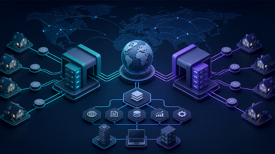 Two balanced static residential proxy networks connected to a shared global workflow