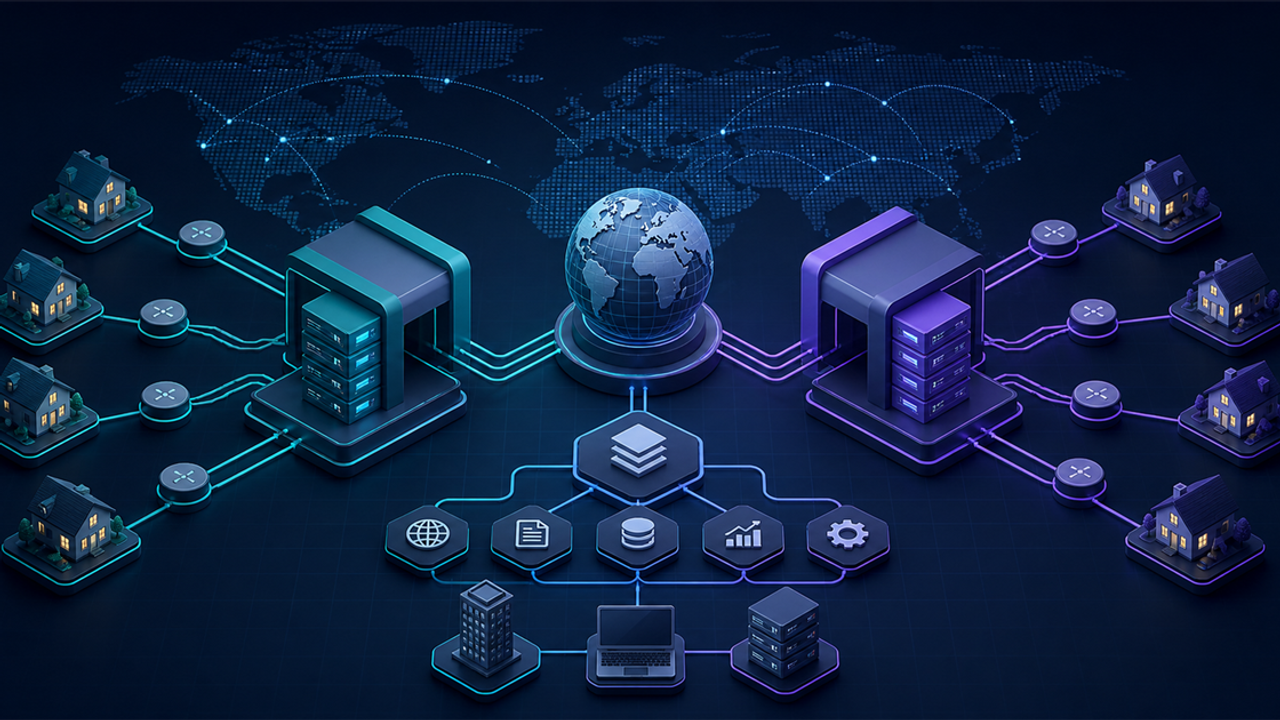 Two balanced static residential proxy networks connected to a shared global workflow