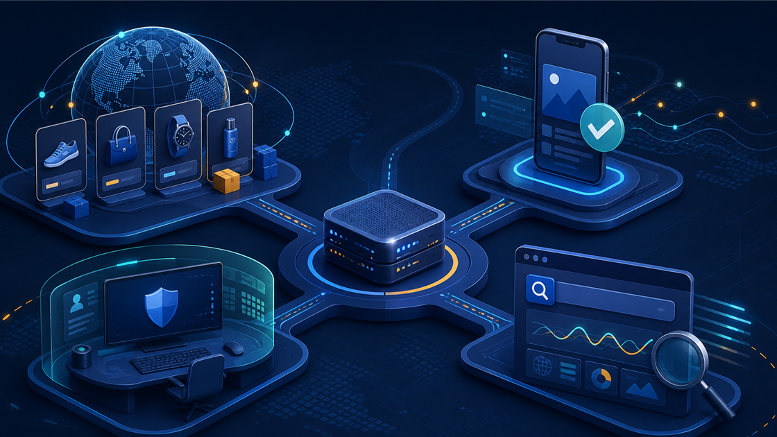 Conceptual enterprise operations hub connecting commerce monitoring, mobile QA, authorized account access, and SEO monitoring