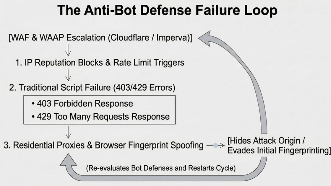 Anti-bot defense failure-loop diagram showing blocks, challenges, proxy routing, and browser signals