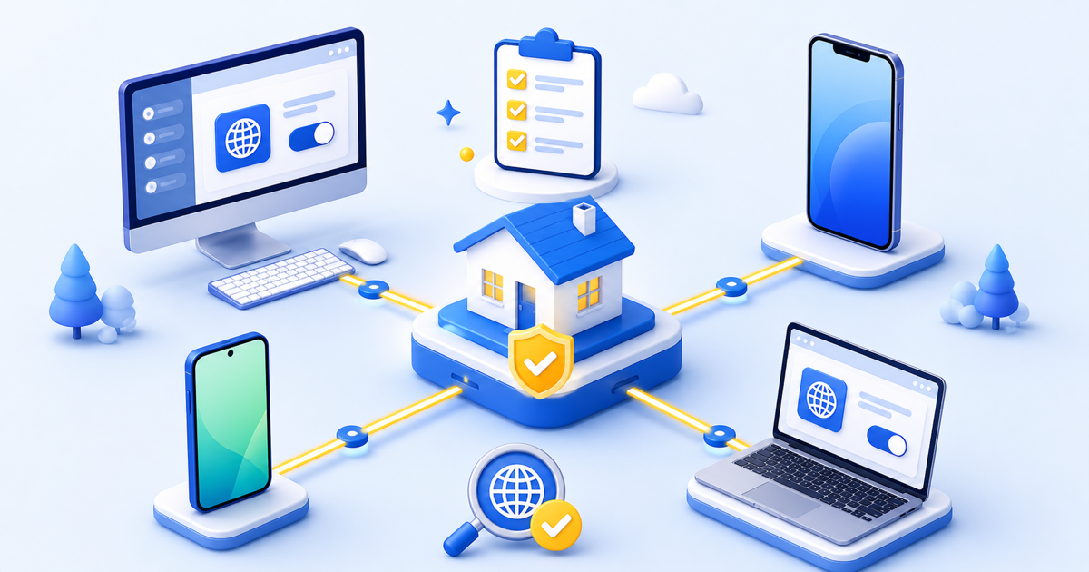 A blue and yellow tutorial illustration connecting a stable residential IP hub with desktop and mobile proxy clients