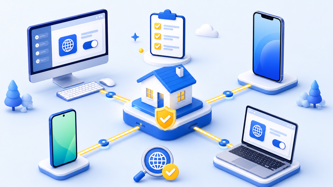 A blue and yellow tutorial illustration connecting a stable residential IP hub with desktop and mobile proxy clients