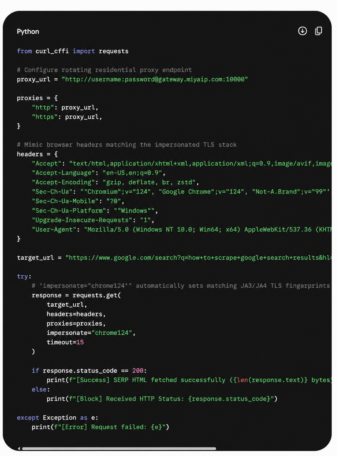 Reference curl_cffi code screenshot for request header and fingerprint management