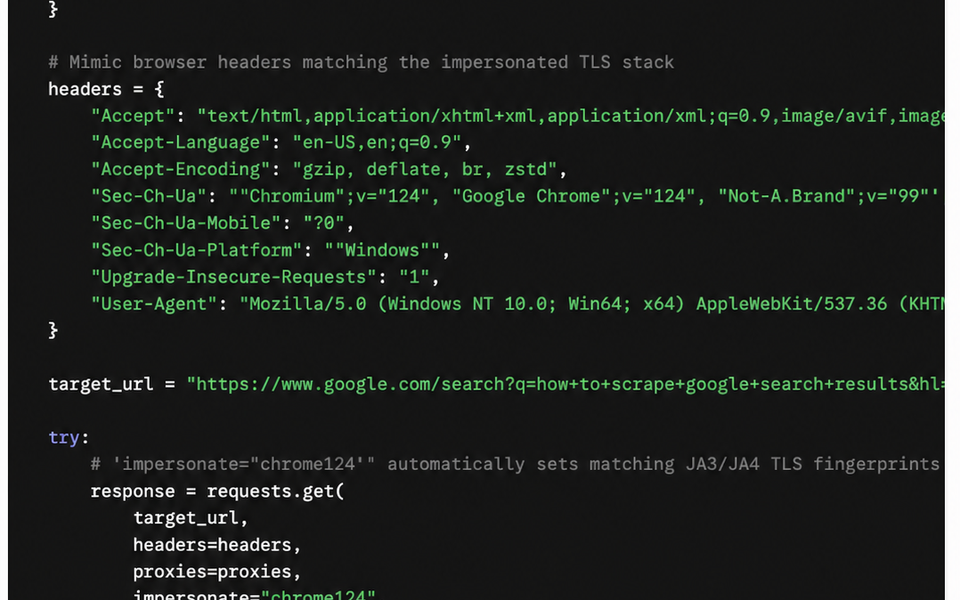 Reference curl_cffi code screenshot for request header and fingerprint management