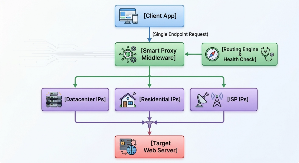 Conceptual client, routing layer and proxy exit architecture.