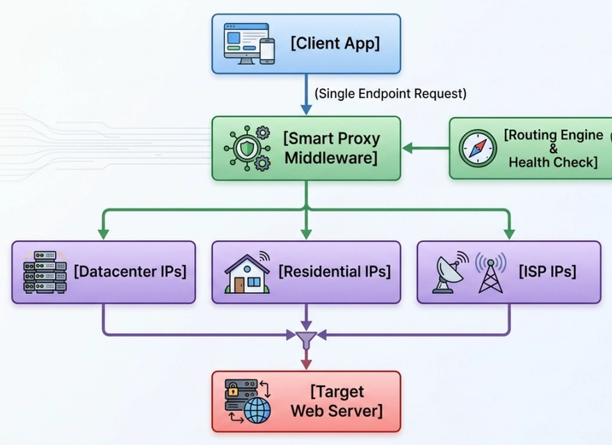 Conceptual client, routing layer and proxy exit architecture.