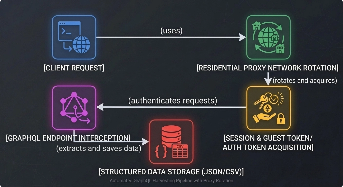 Client requests routed through residential proxy rotation, a session authentication stage, response interception, and structured storage