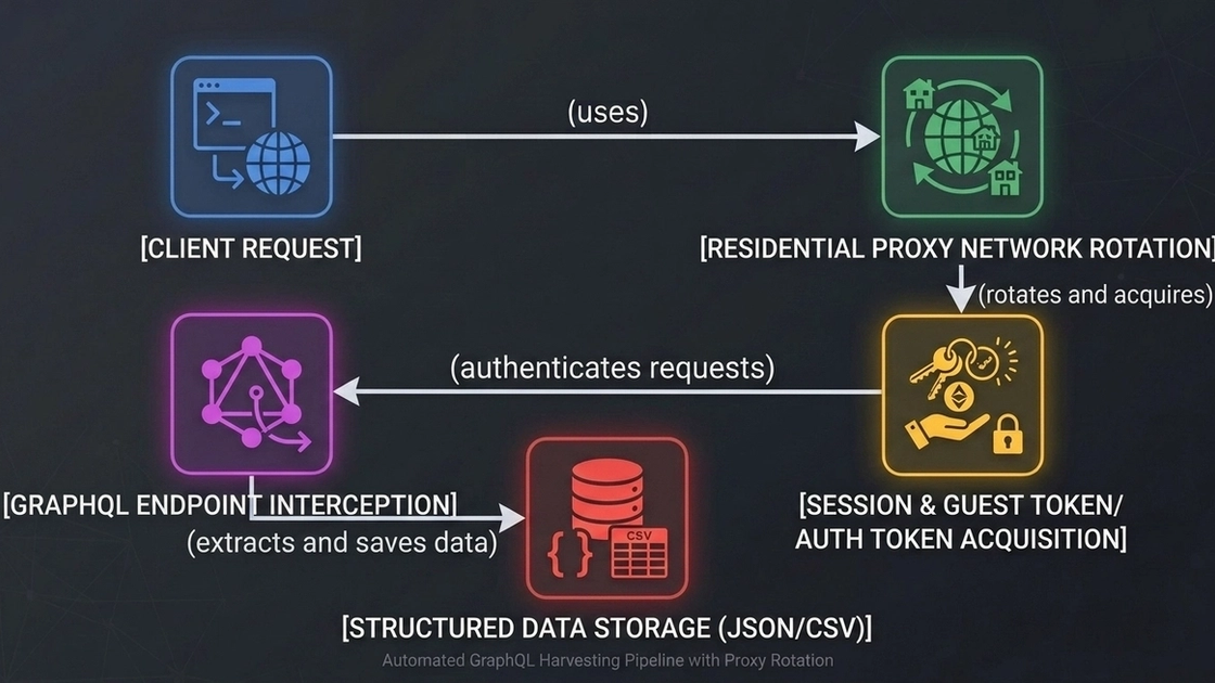 Diagram showing client requests routed through residential proxy rotation, a session authentication stage, response interception, and JSON or CSV storage