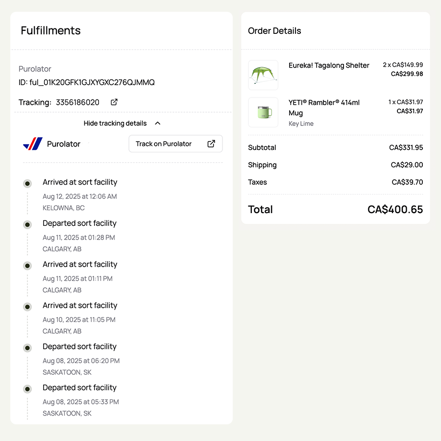 Order status page for Lake Country Co-op Outdoors