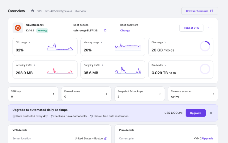 Hostinger VPS dashboard
