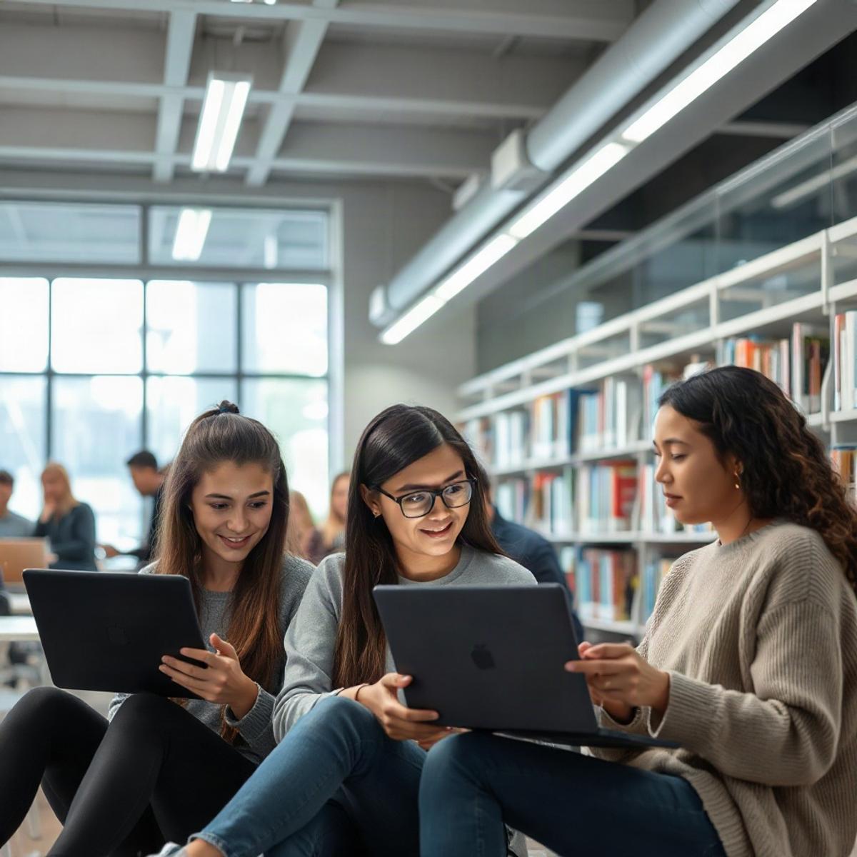 A group of students collaborating with digital tools in a high-tech library.