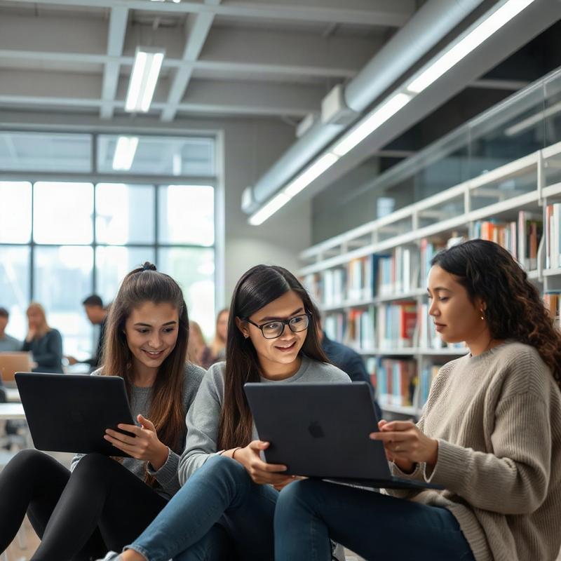 A group of students collaborating with digital tools in a high-tech library.