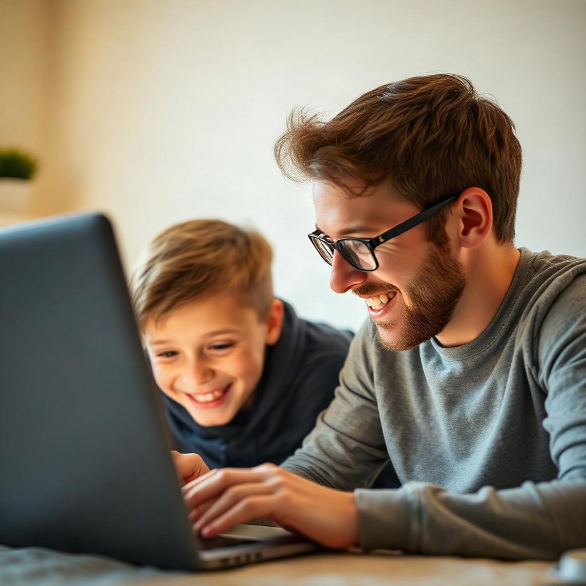 A parent and child looking at a laptop together at home, both smiling.
