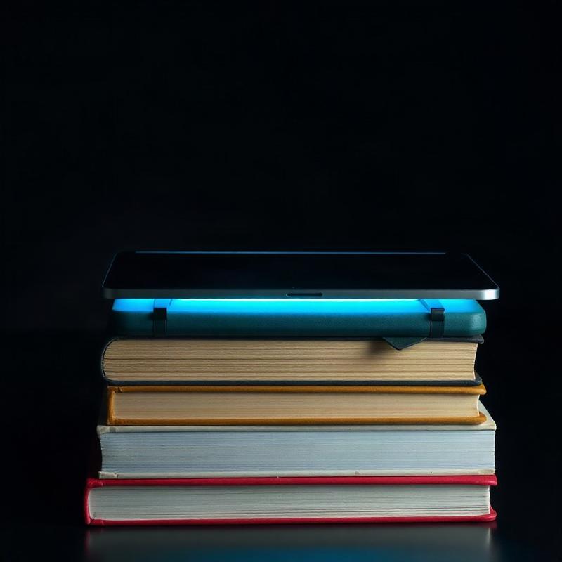 A stack of textbooks with a glowing tablet resting on top, lit in cyan.