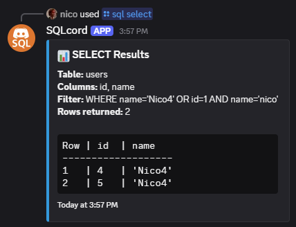 SQLcord SELECT command returning filtered rows from a users table in Discord