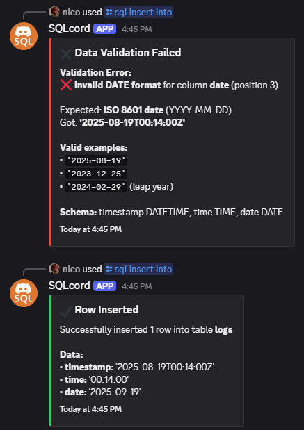 SQLcord rejecting an invalid DATE value, then successfully inserting a row