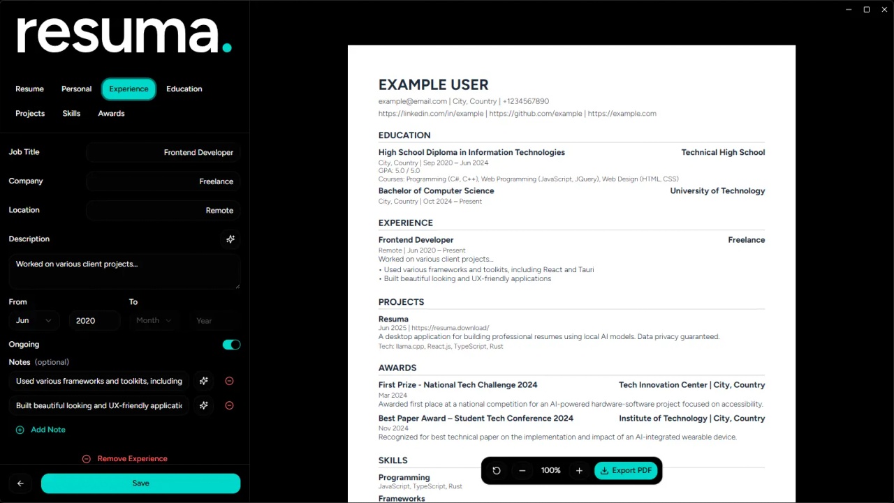 Resuma editor in dark mode with experience form fields and a live resume preview
