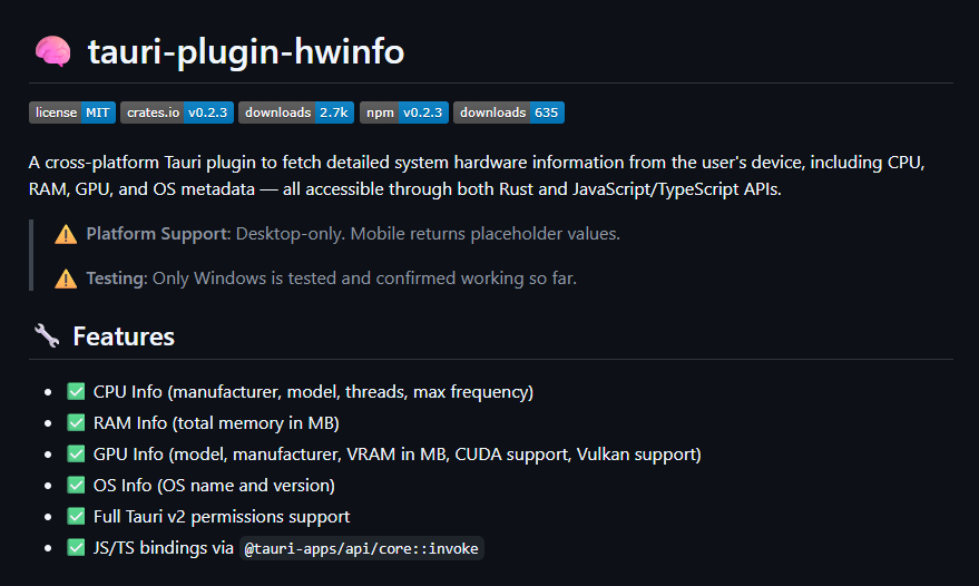 tauri-plugin-hwinfo README listing CPU, RAM, GPU and OS information features
