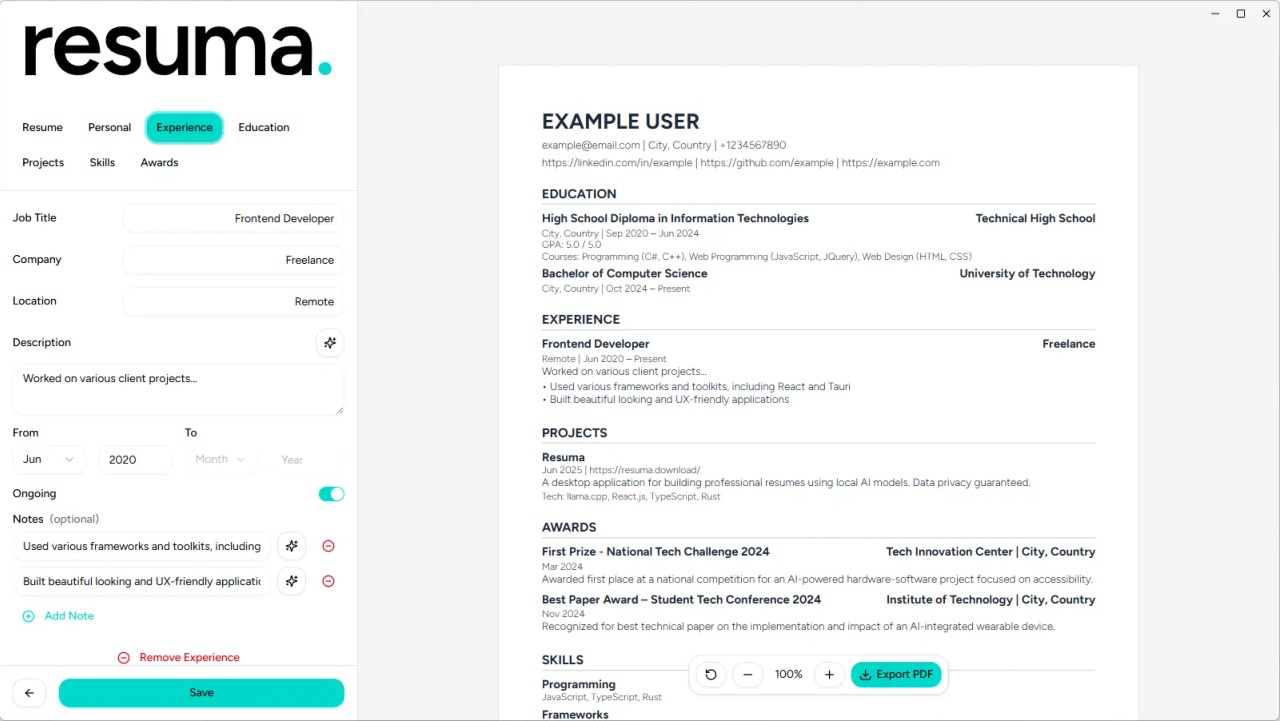 Resuma editor in light mode with experience form fields and a live resume preview