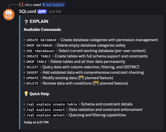 SQLcord EXPLAIN message listing the supported SQL commands