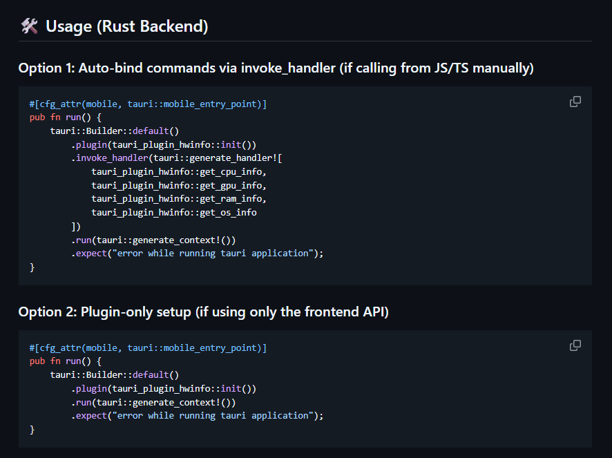Rust code showing two ways to register the hwinfo plugin in a Tauri app