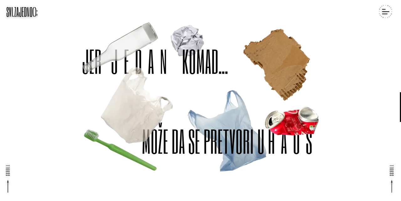 Landing page headline surrounded by floating bottles, bags, cans and cardboard