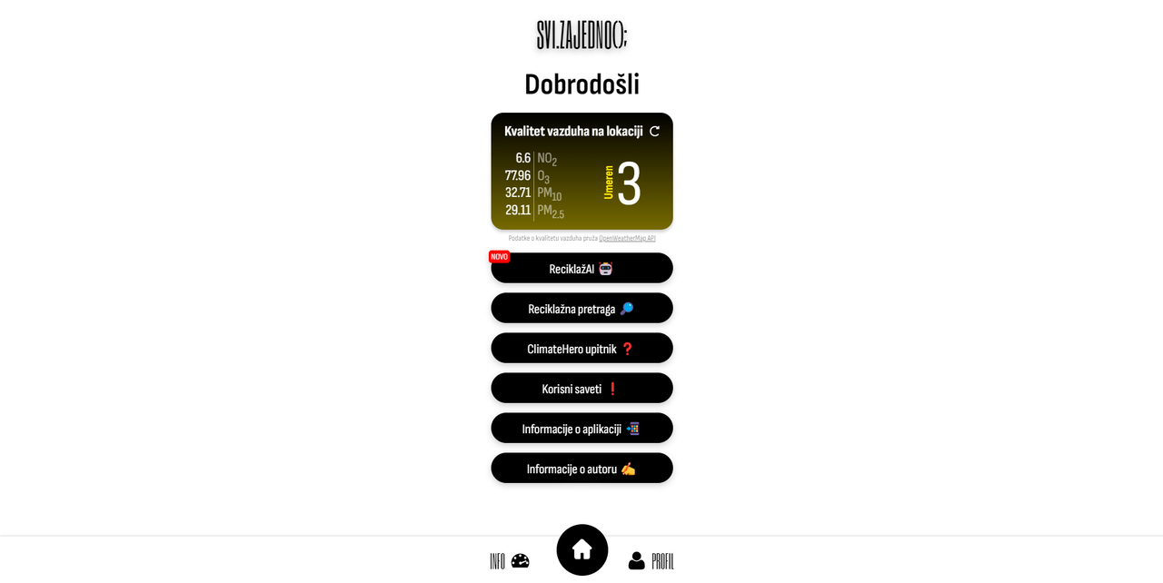 Info page with an air-quality widget and buttons for ReciklažAI, recycling search and tips