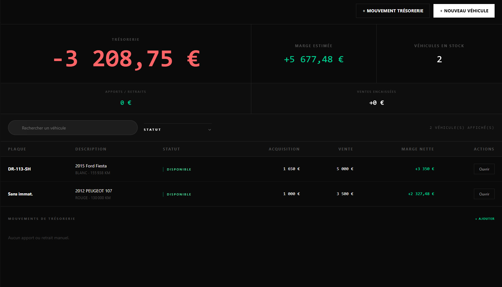 Interface du tableau de bord Noxal : vue d'ensemble du stock VO, suivi de la trésorerie et calcul automatique de la marge nette par véhicule.