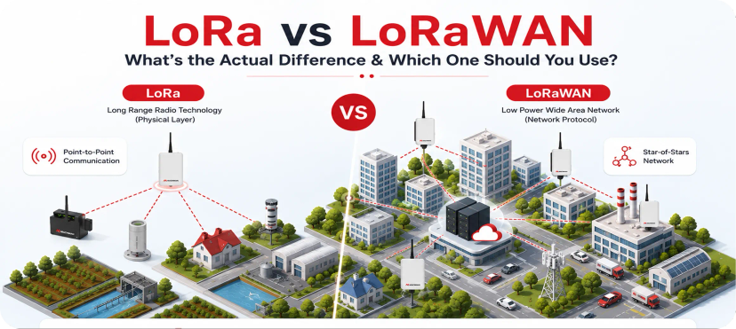 Isometric comparison of LoRa vs LoRaWAN showing point-to-point LoRa communication and scalable LoRaWAN network architecture with gateways, cloud connectivity, and Industrial IoT devices.