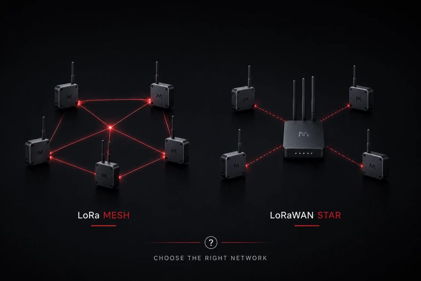 Minimal comparison illustration showing LoRa Mesh and LoRaWAN Star network topologies on a dark background, highlighting decentralized mesh communication versus centralized gateway architecture for industrial IoT deployments.