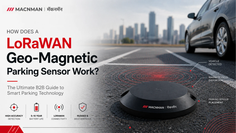 LoRaWAN geo-magnetic parking sensor detecting vehicle occupancy using magnetic field distortion for smart parking management and commercial parking occupancy tracking.