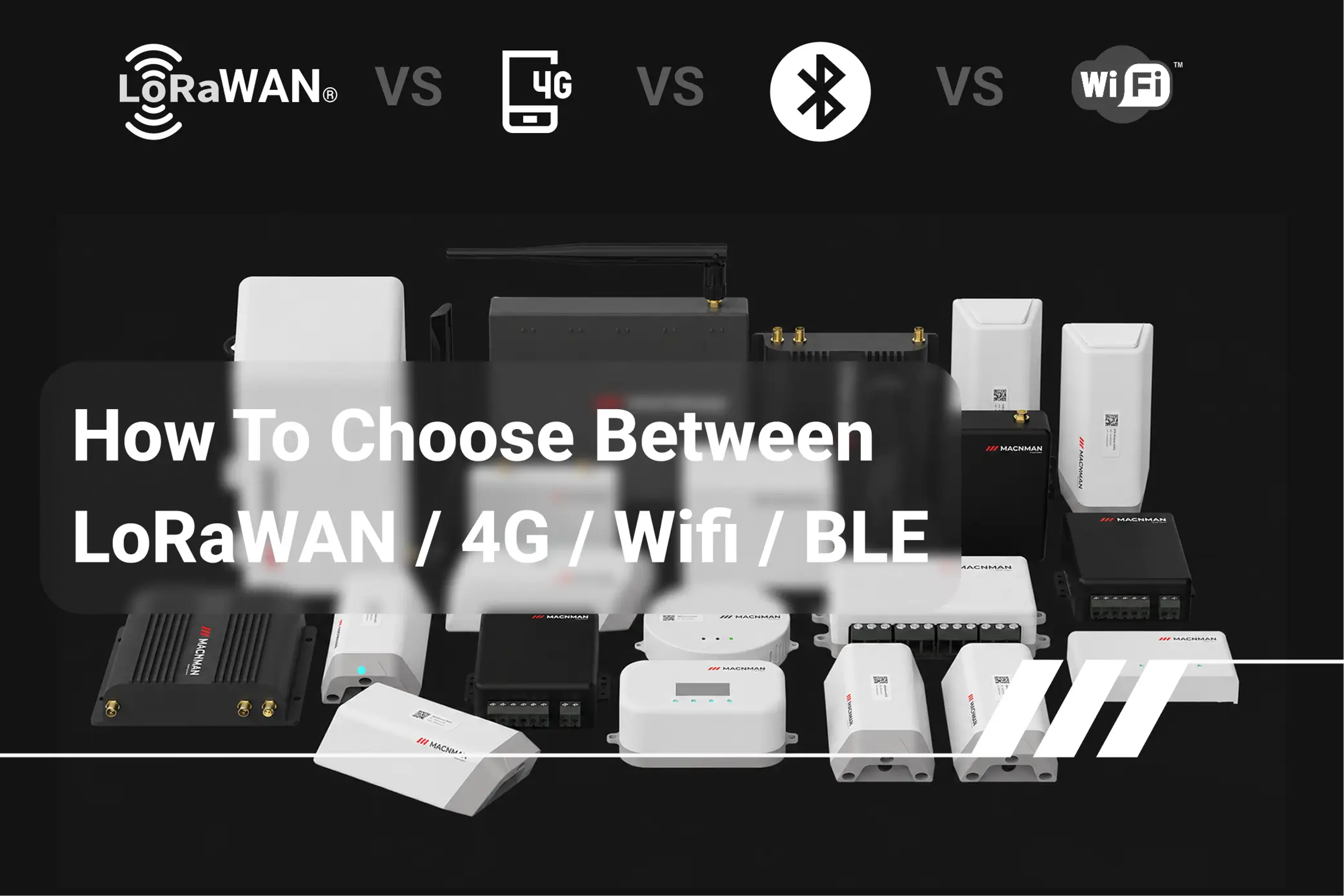 Comparison of LoRaWAN, 4G, NB-IoT, and BLE wireless technologies for industrial IoT connectivity, highlighting their strengths, coverage, power consumption, and use cases.