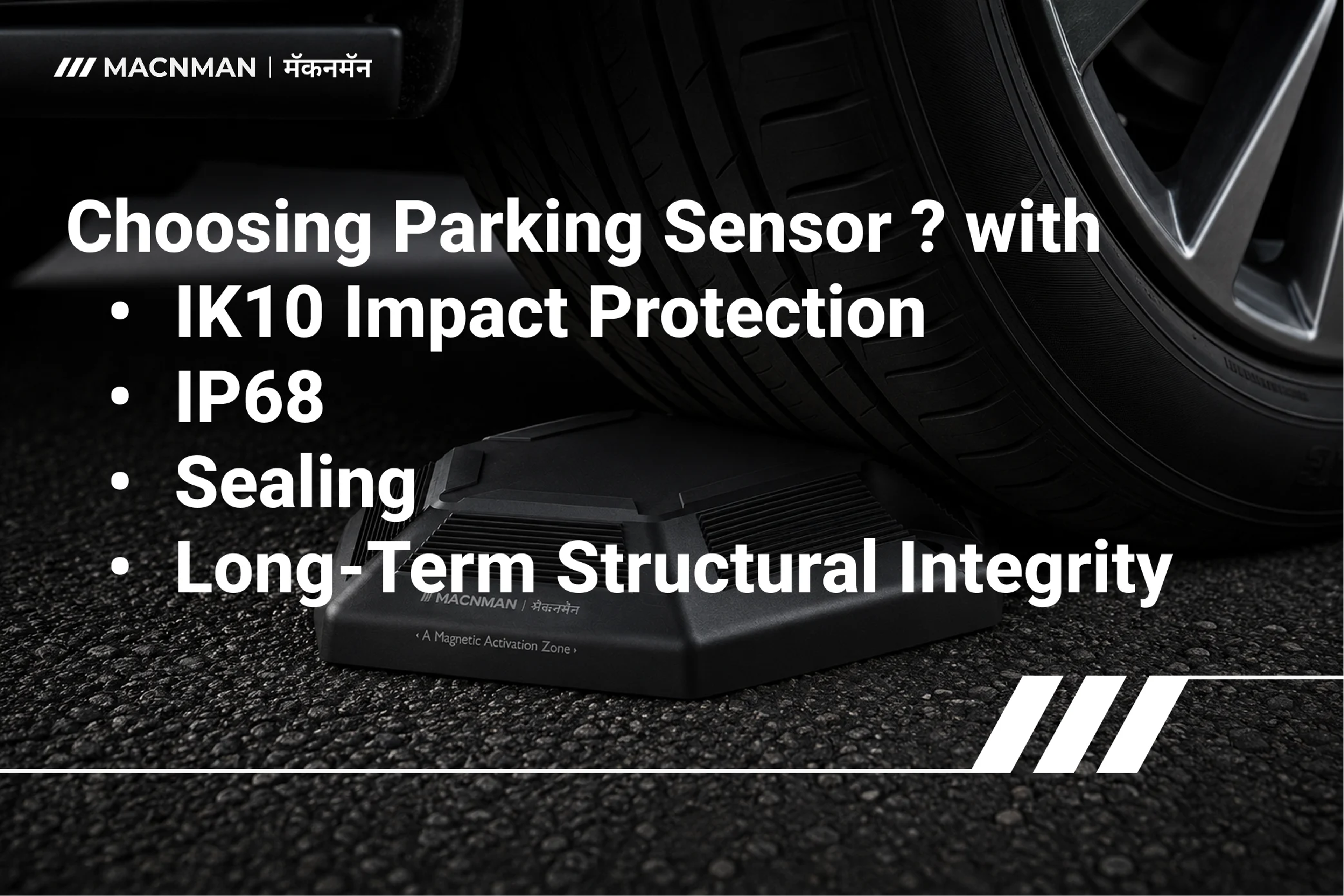 Surface-mounted LoRaWAN parking sensor withstanding vehicle tire pressure, highlighting its load-bearing capacity, rugged enclosure, and structural durability for smart parking deployments.