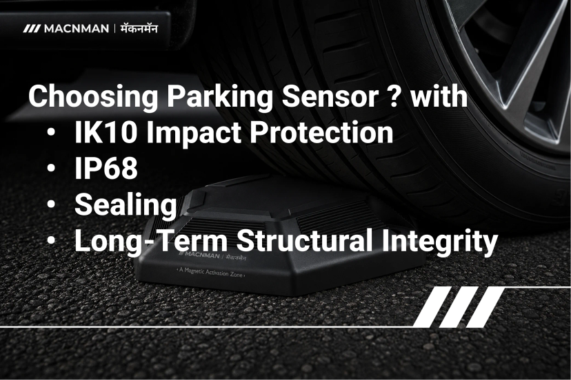 Surface-mounted LoRaWAN parking sensor withstanding vehicle tire pressure, highlighting its load-bearing capacity, rugged enclosure, and structural durability for smart parking deployments.