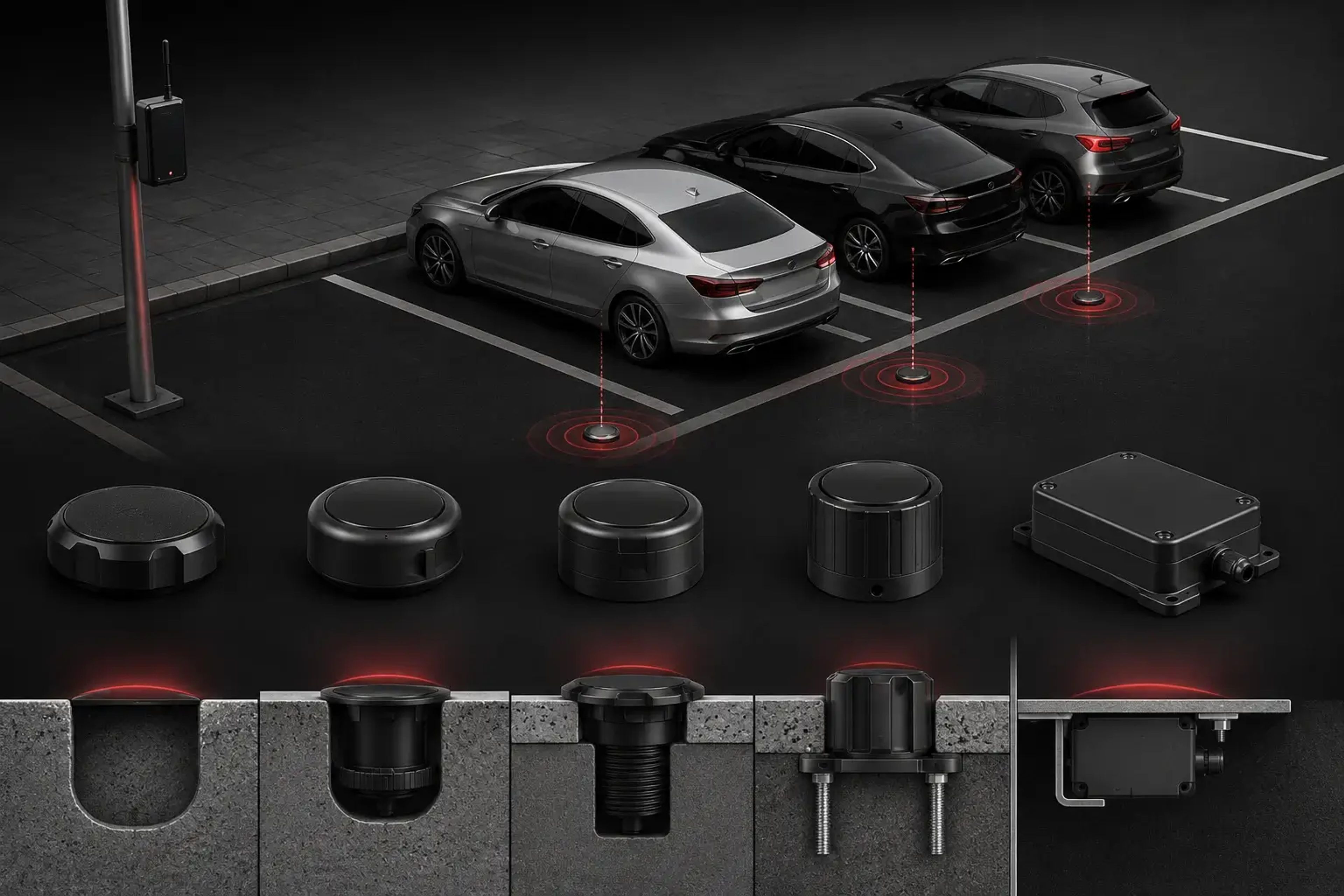 3D illustration showing different smart parking sensor types, installation methods, and mounted parking occupancy sensors used in modern smart parking management systems.