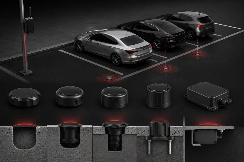 3D illustration showing different smart parking sensor types, installation methods, and mounted parking occupancy sensors used in modern smart parking management systems.
