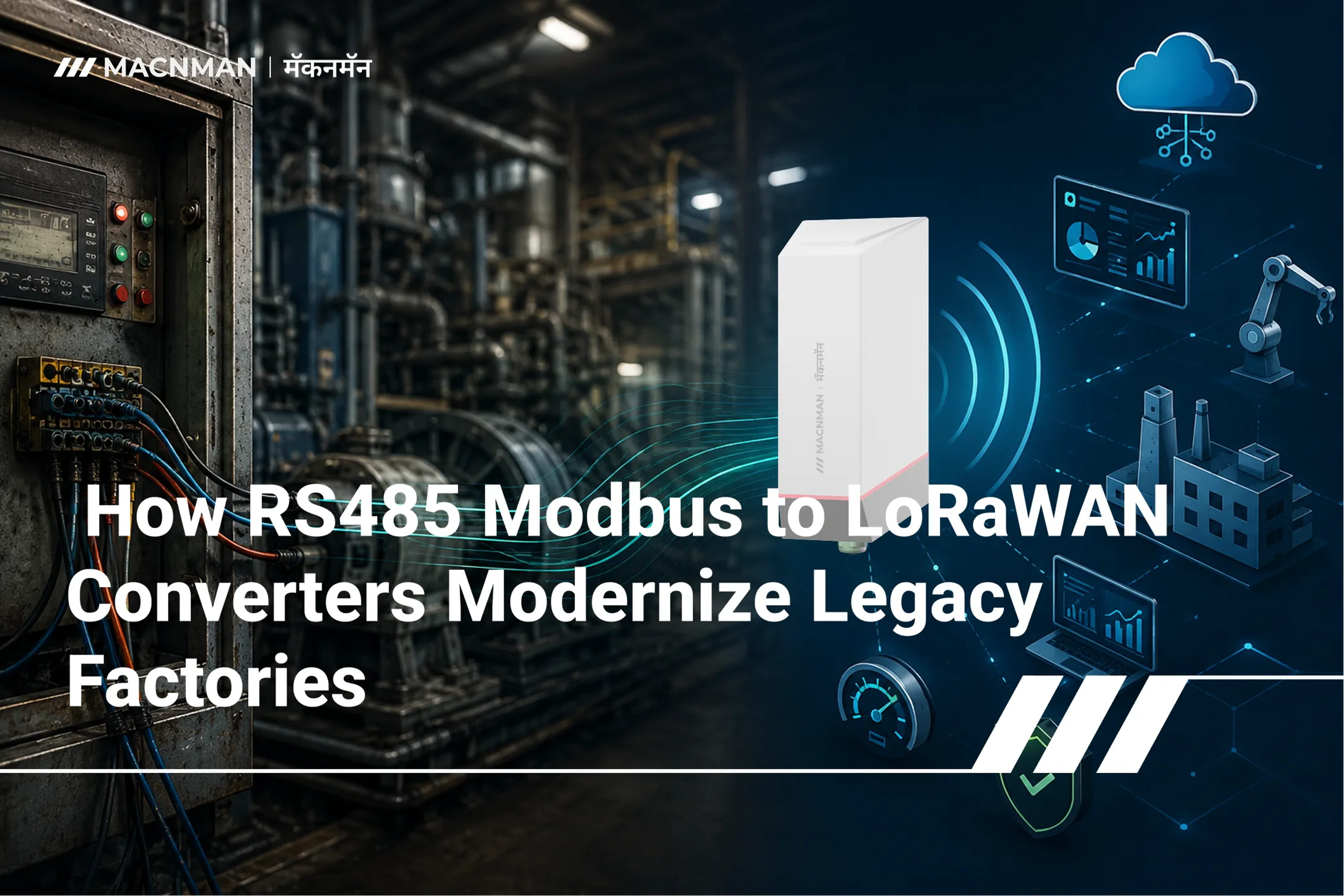 Industrial RS485 Modbus to LoRaWAN converter bridging legacy factory equipment with modern wireless IoT connectivity for Industry 4.0 automation.