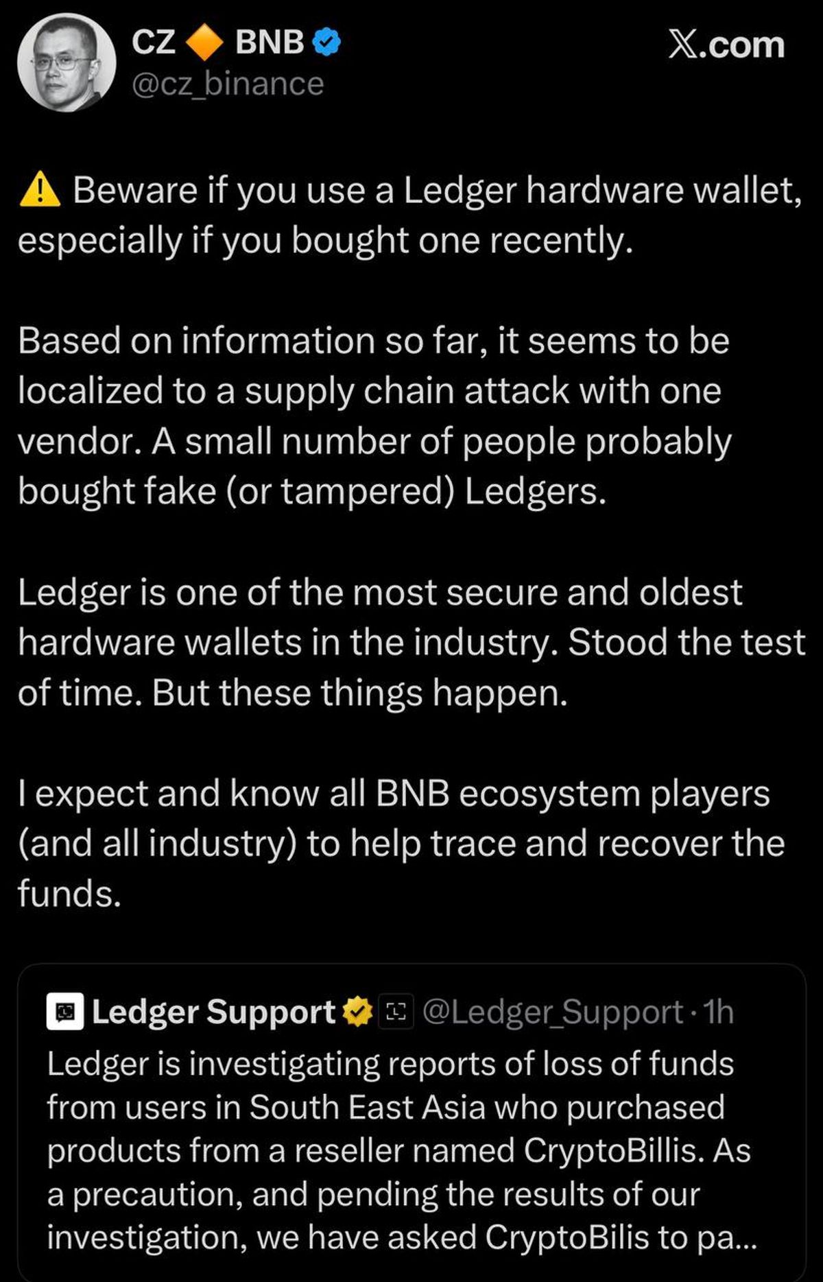 CZ tweet about Ledger Hack incident news