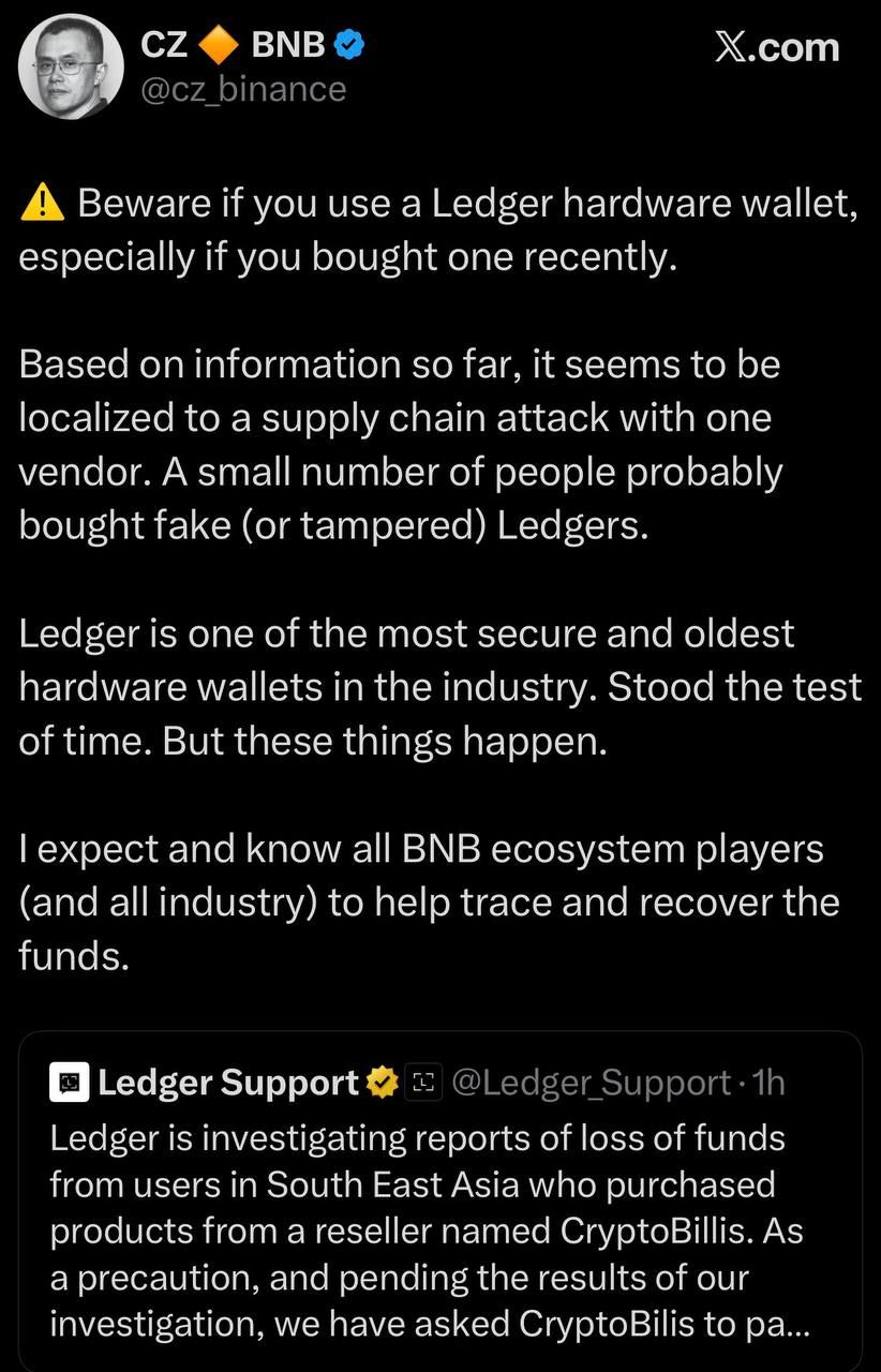 CZ tweet about Ledger Hack incident news