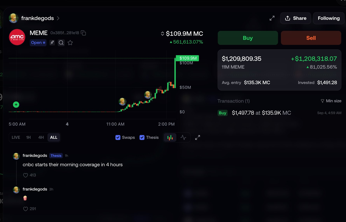 fomo app record of the Frank DeGods trade of $MEME