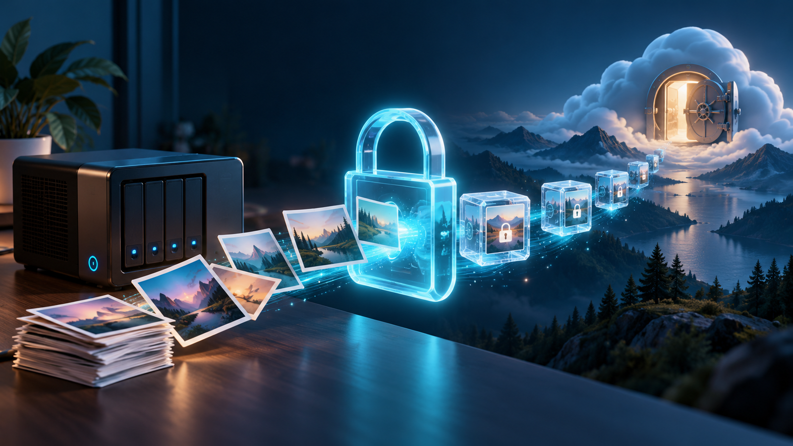 Illustration of photos moving from a home server through a glowing padlock into a cloud vault.