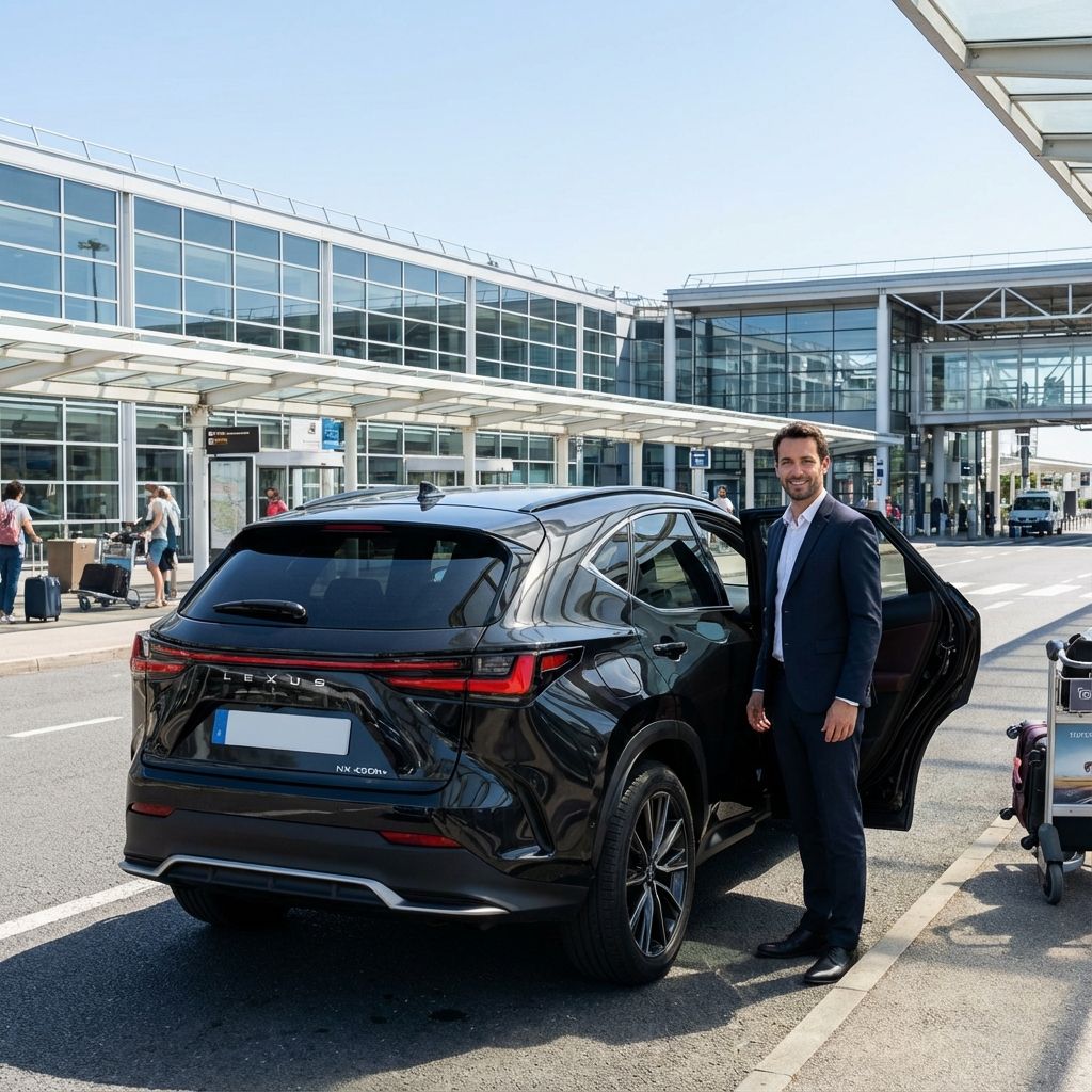 Professional private chauffeur standing next to a Lexus SUV at Bordeaux Mérignac Airport for city centre transfer